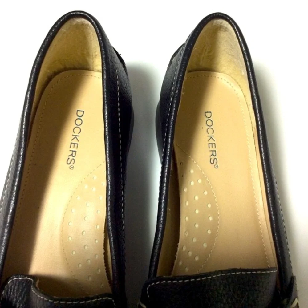 Dockers CEDRAK Black Leather Loafers Gunmetal Circle Bit White Topstitching - Picture 4 of 6